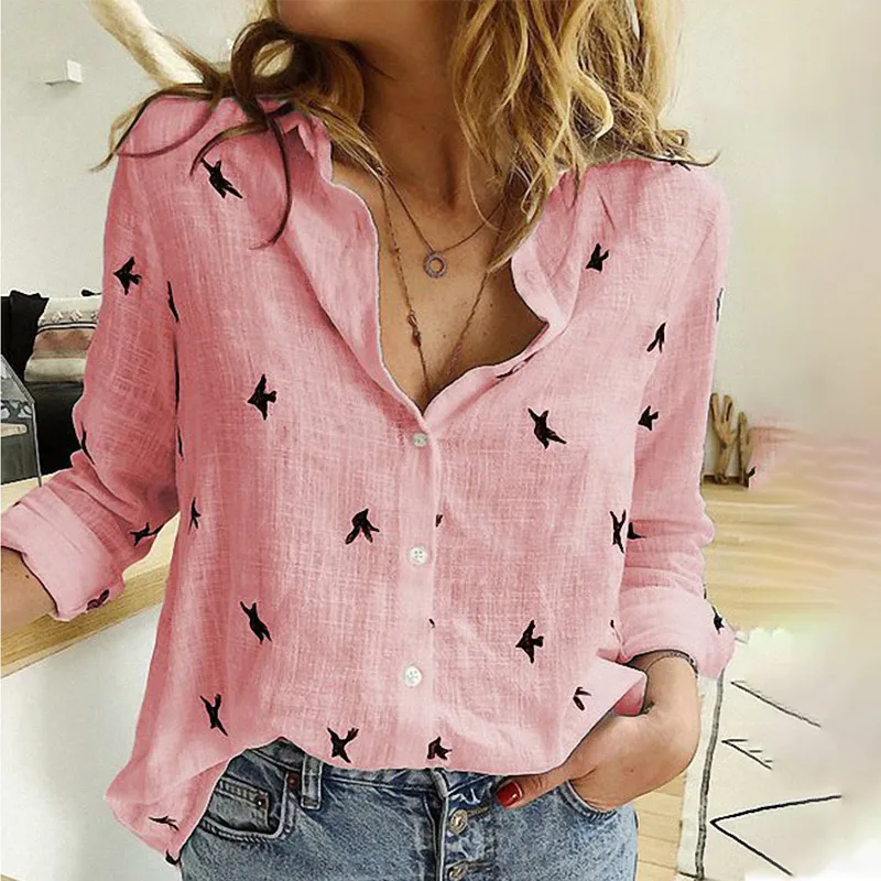 Women\'s Birds Print Shirts 35% Cotton Long Sleeve Female Tops 2023 Spring Summer Loose Casual Office Ladies Shirt