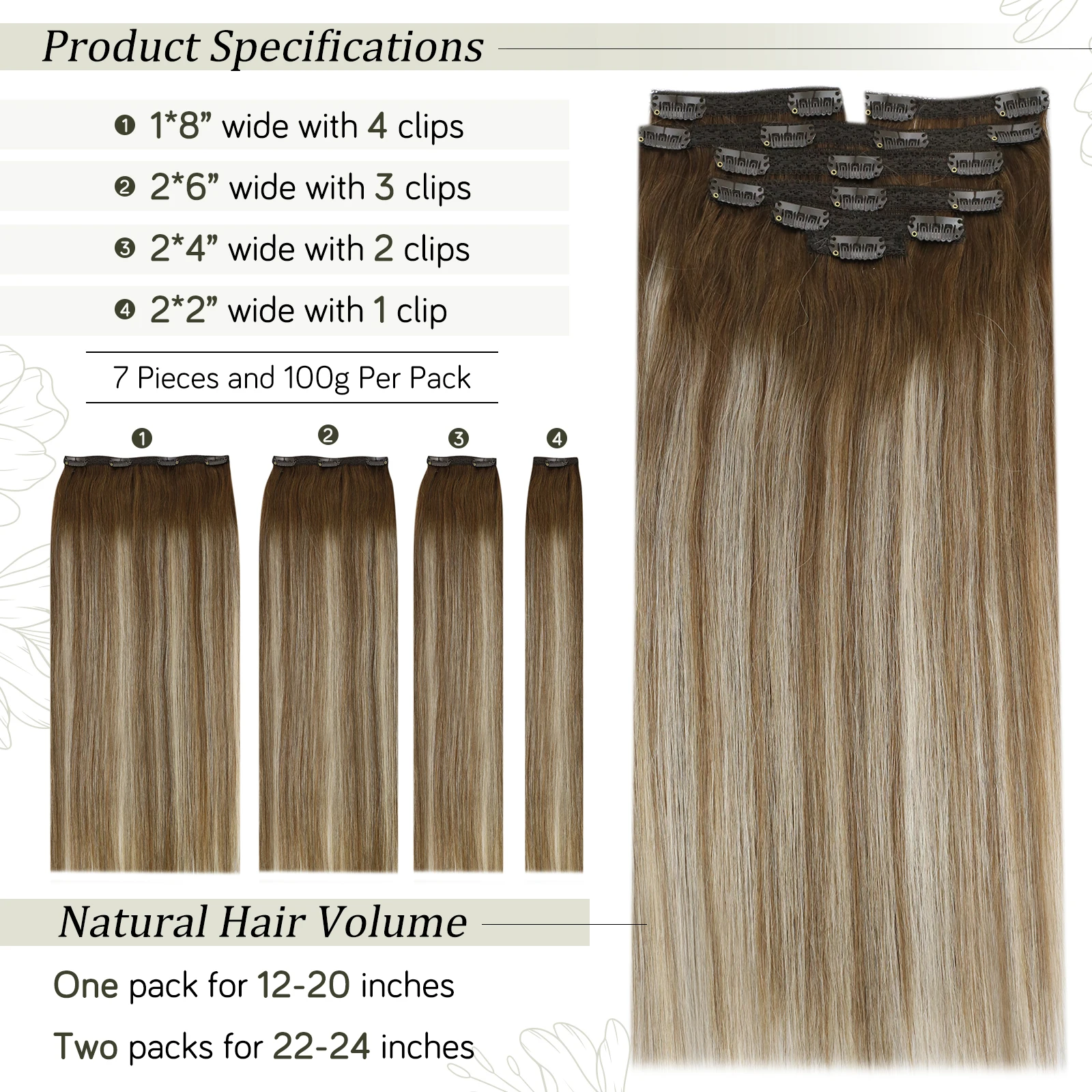 VeSunny Double Weft Clip in Hair Extensions Real Human Hair 7pcs 120gr Clip Hair Balayage Medium Brown Highlights Blonde Toupet