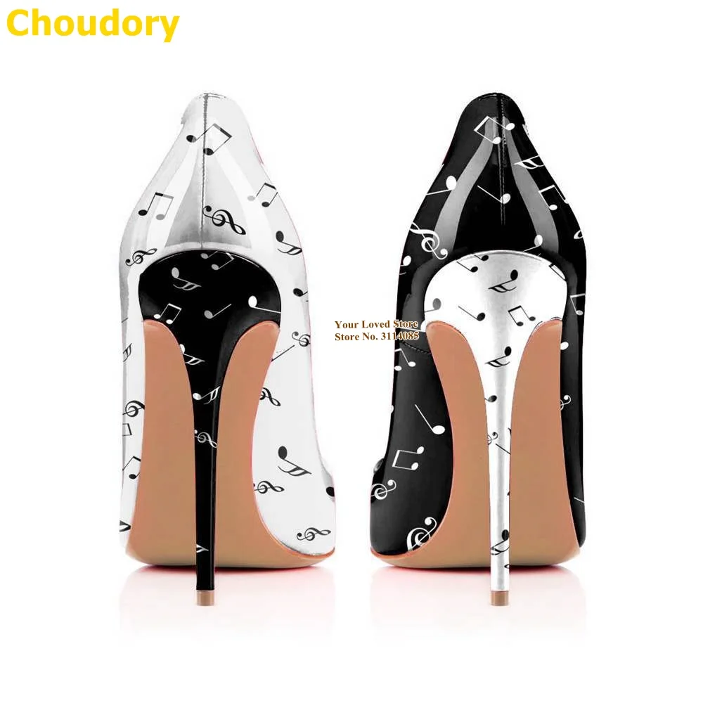 Choudory White Black Music Notes Printed High Heel Shoes 12cm Stiletto Heels Pointed Toe Patchwork Slip-on Wedding Pumps Size45