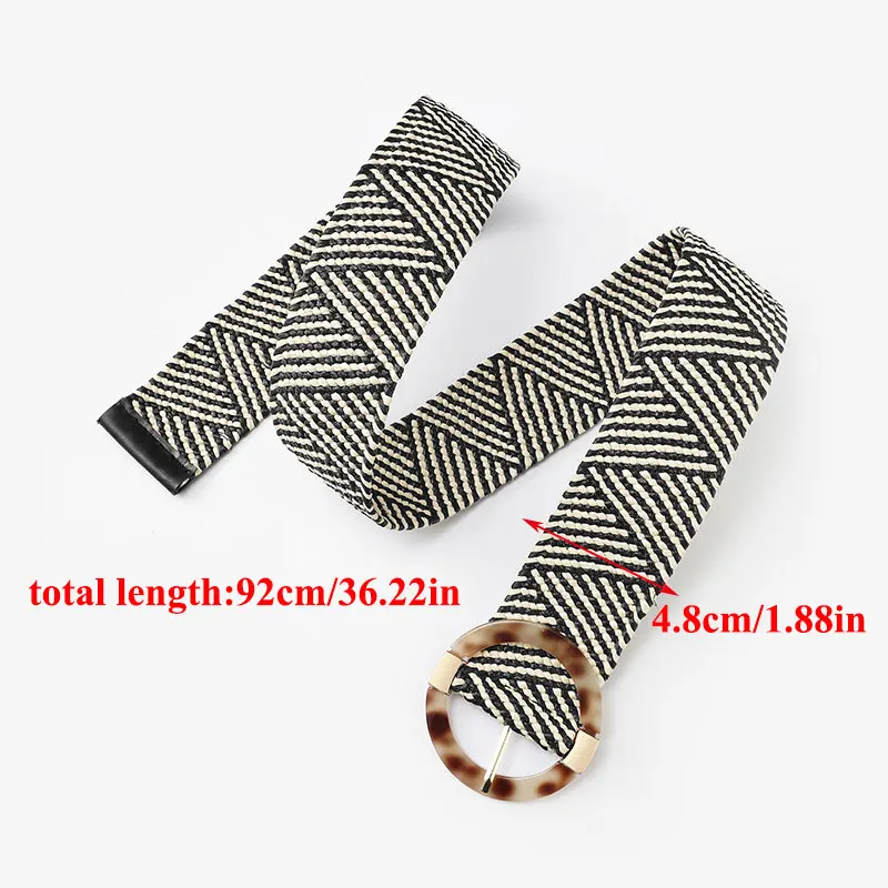 Women Casual Waistband Plastic Buckle Wide Waist Belt Pp Straw Weave Belts Boho Braided Waist Strap With Leopard Round Buckle