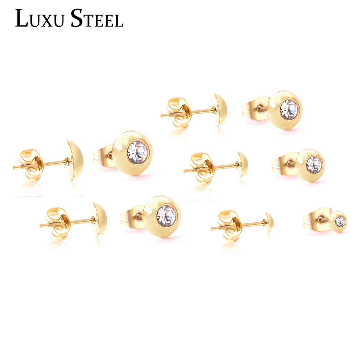 LUXUSTEEL Christmas Pendientes 5pairs/ lots Stainless Steel Chars CZ Stud Earrings Wholesale Golden Color Stud earrings 2020