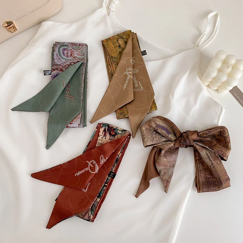 160cm Retro Double-sided Silk Hair Scarf Ribbon Hairband Neckerchief Bow Ties Cravats Bag Handle Decoration Hair Accessioriess