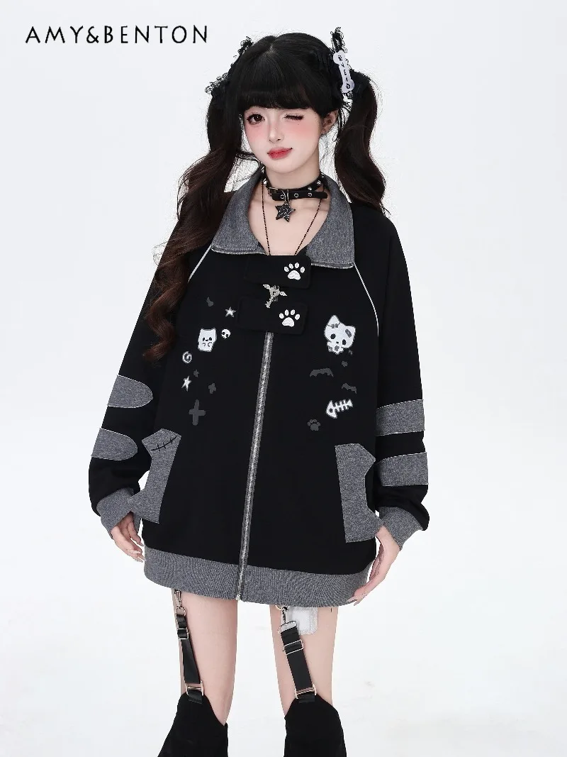 

Cute Cartoon Embroidered Stand Collar Patchwork Sweet Girl Loose Casual Sweatshirt College Style Kawaii Sweatshirt Spring New