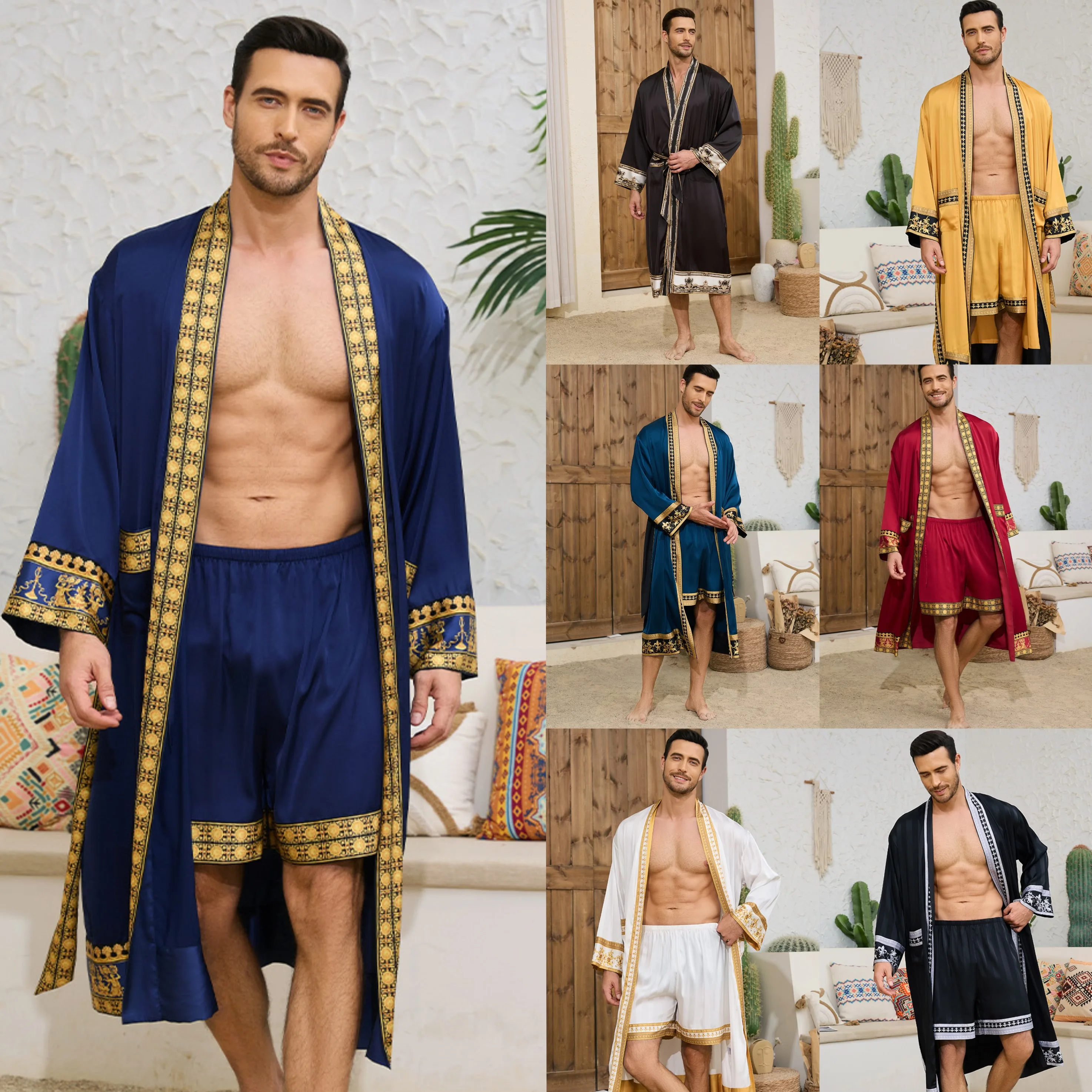 Spring Summer New Men Pajama 2PCS Robe Shorts Set Baroque Style Silk Satin Kimono Bathrobe Gown Loose Home Clothing Loungewear