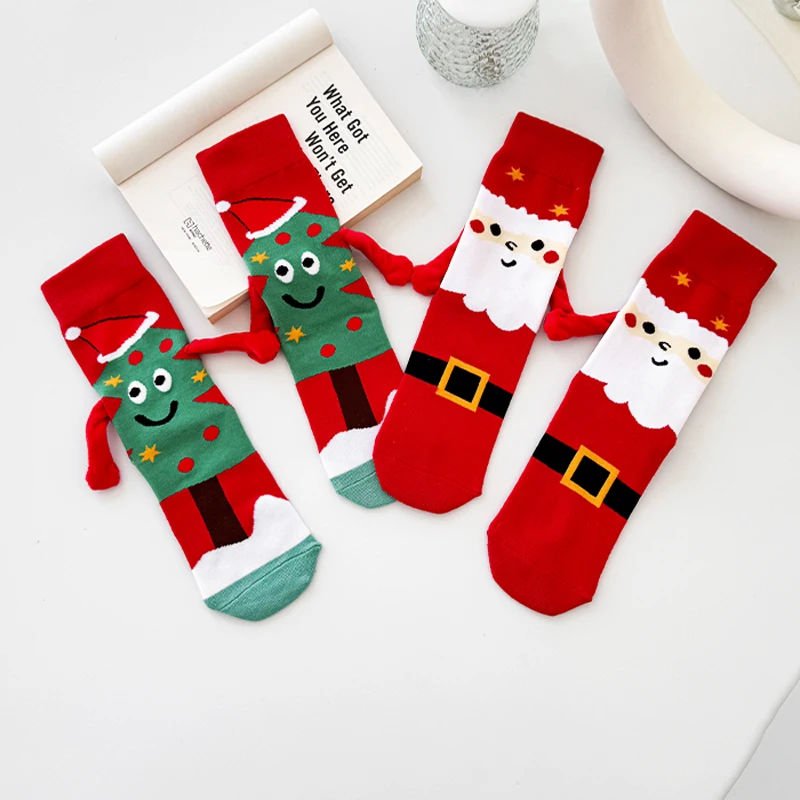 2pairs of autumn and winter Christmas stockings, Santa Claus gift, snowman, reindeer, mid tube socks