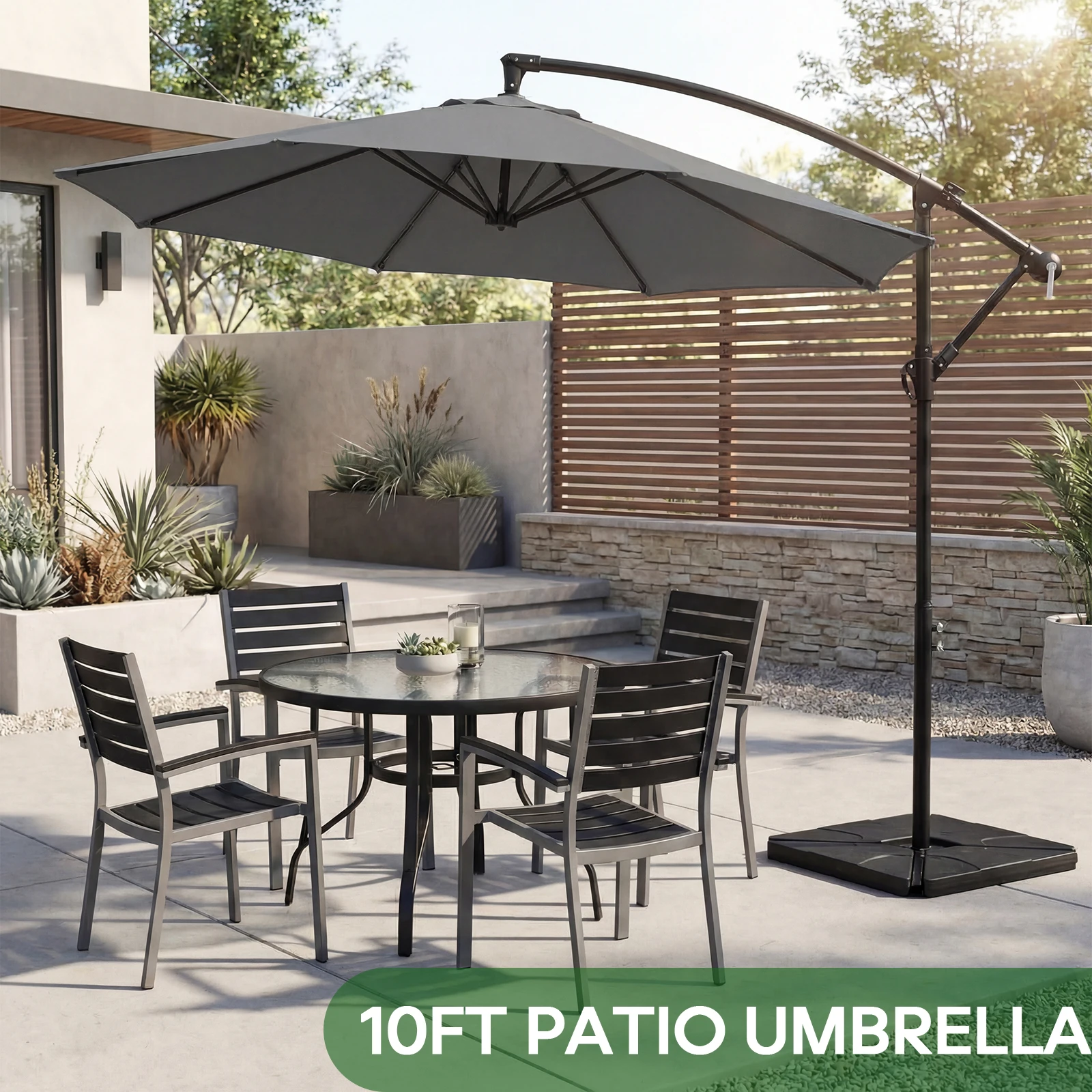 #￥JHK 9.8FT Outdoor Offset Patio Umbrella with Base Hanging Cantilever with Easy Tilt Adjustment UV Protection 8 Sturdy Ribs