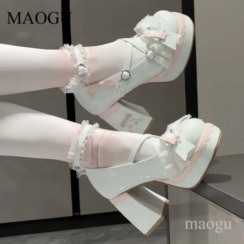 Sweet Lolita Platforms Lace Bow Decor Chunky Block Heel Mary Janes Kawaii Heart Buckle Cosplay Dress Shoes Cute Zapatos Mujer - view 4