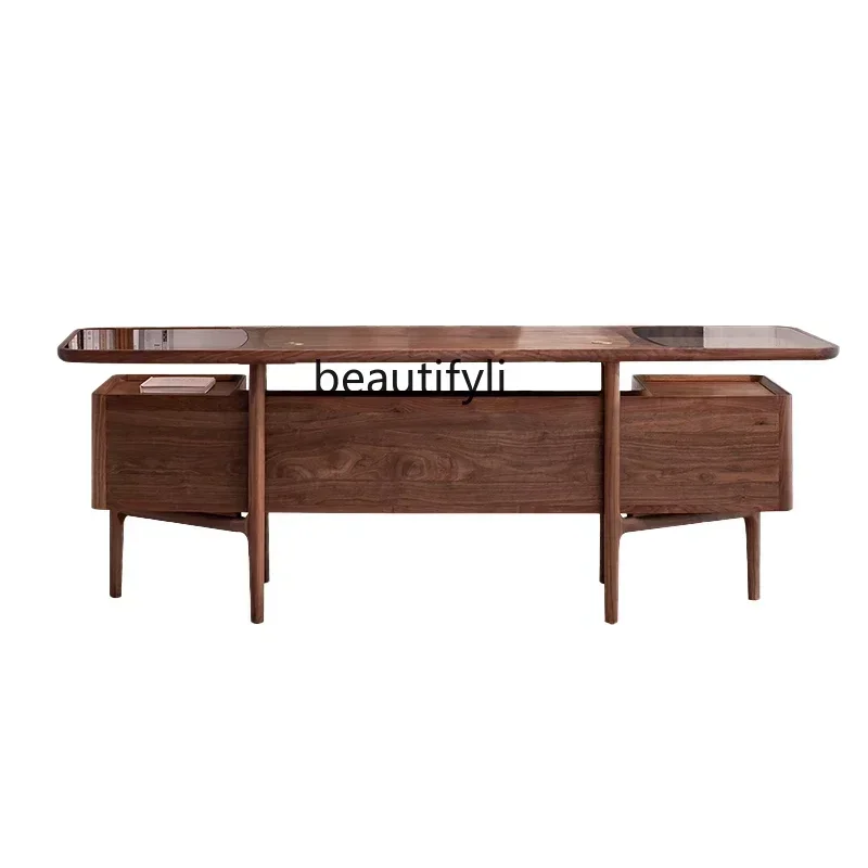 New Chinese walnut solid wood desk adult home office boss table light luxury modern, small apartment