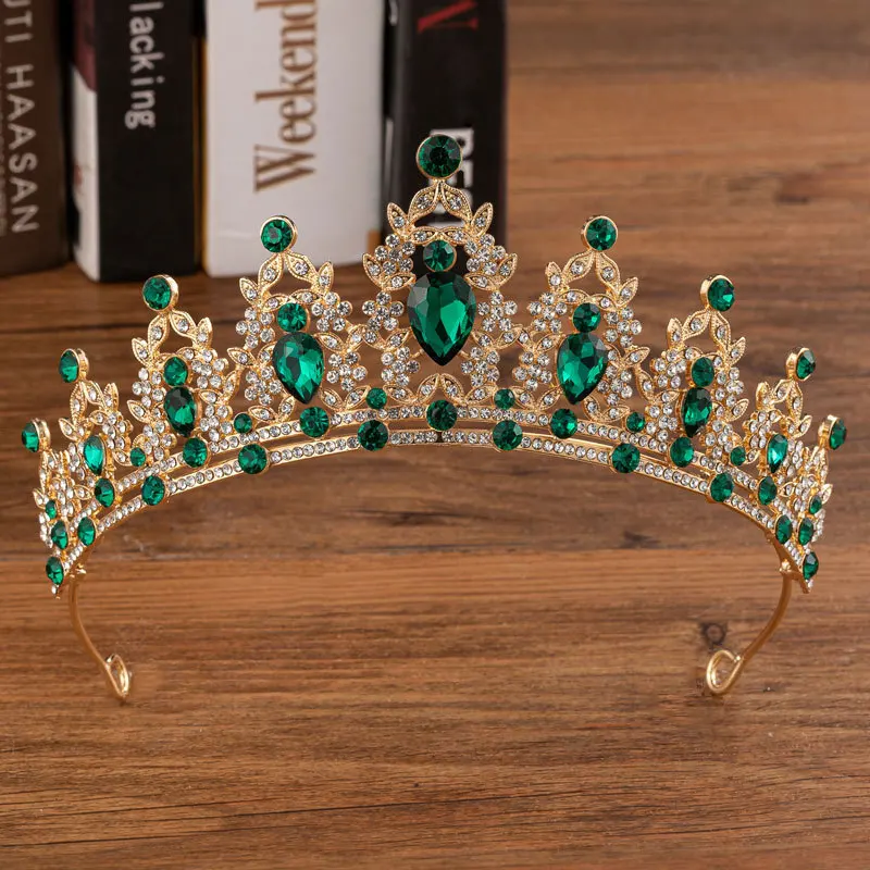 Baroque Vintage Green Crystal Heart Bridal Jewelry Sets Rhinestone Tiaras Crown Stud Earrings Necklace Wedding Dubai Jewelry Set