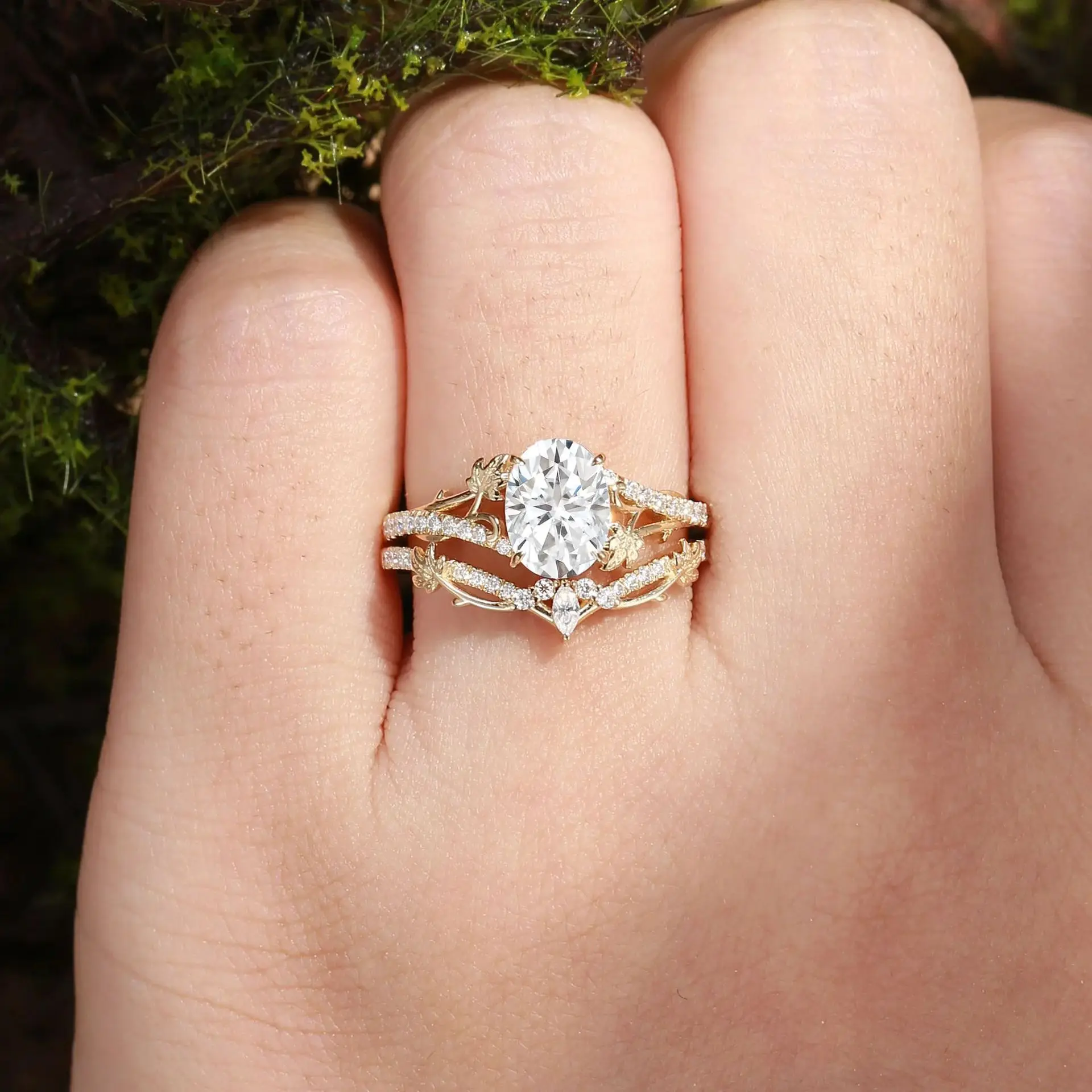 Veeie Veein Jewelry Light Luxury 1.5 Carat Flower Branch Series Stacked Wedding Ring S925 Sterling Silver Plated 18k Gold Mozani