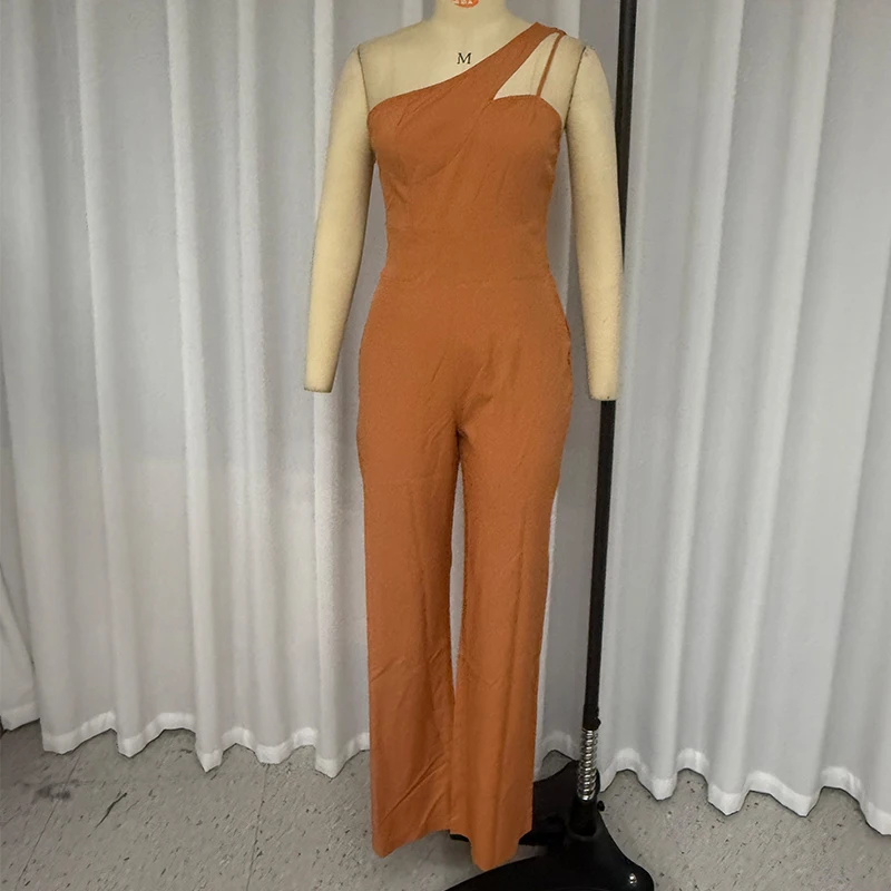 Wefads Jumpsuit Women Casual Simple One Shoulder Hollow Out Sleeveless Solid Nipped Waist Loose Pantse Romper Streetwear