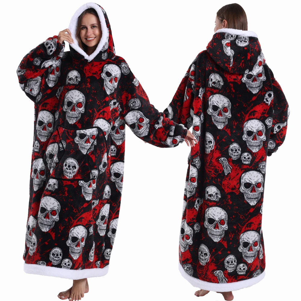 

Men Women Wearable Blankets Winter Plush Skull Pumpkin Warm Hoodies Adult Long Sleeved Oversized Sweatshirt Giant TV Blanket