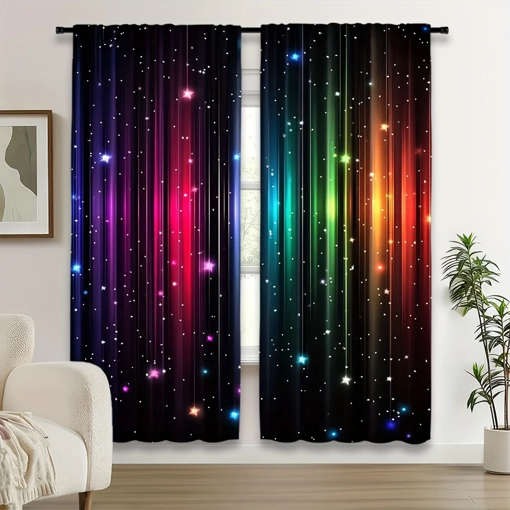 

2 шт. Волшебные радужные шторы «Галактика» из полиэстера, светопропускающие занавески для детской спальни, игровой комнаты, с узором «Сияющие звезды», декор для дома