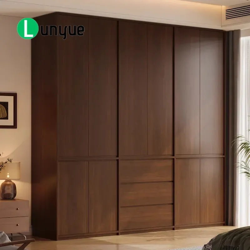 Modern Solid Wood Wardrobe Large Capacity Bedroom Storage Cabinet with Drawers Simple Dark Brown Wooden Closet for Home