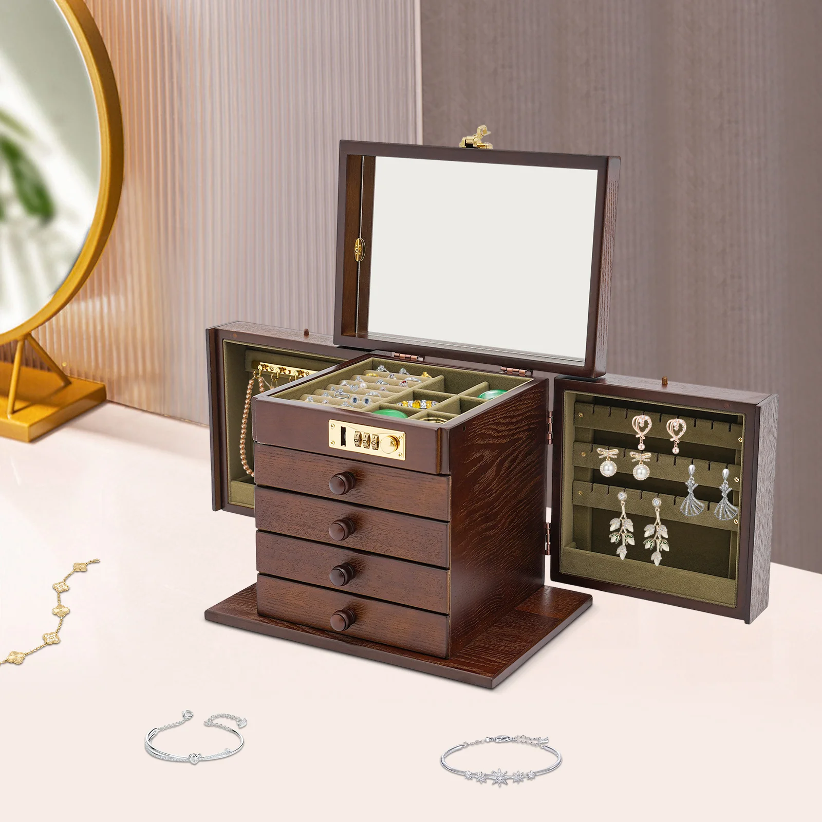 4 Drawer 5 Tier Jewelry Box with Combination Lock Mirror Storage Box Large Soft Interior Gift Organizer For Necklace Earring