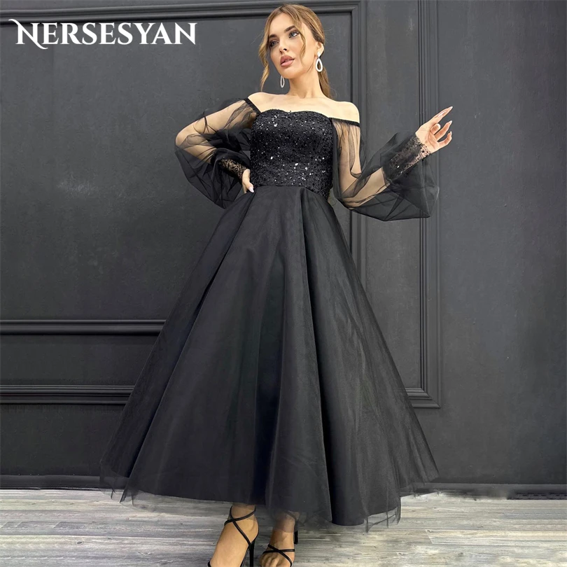 

Nersesyan Sexy Black Tulle Glitter Evening Gowns Sequins Off The Shoulder Long Sleeves Party Dresses A Line Draped Prom Dress