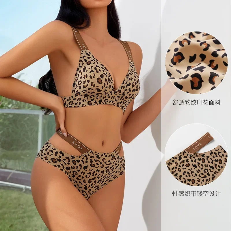 Seamless Sexy Leopard Bras Set for Women Push Up Bras Hollow Out High Elastic Waist Briefs Female Breathable Soft Underwear S-XL