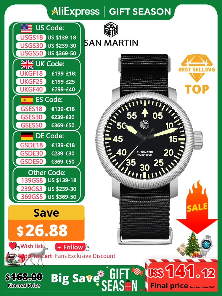 San martin novo 40mm retro piloto yn55 automático mecânico moda estilo simples relógio de pulso masculino 100m à prova dwaterproof água c3 luminoso