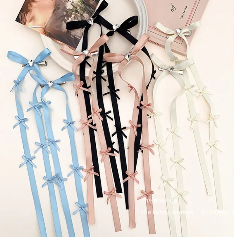 2 st Nieuwe Lint Lange Boog met Hart Haar Kant Clips voor Vrouwen Meisjes Haarspeld Haaraccessoires Hoofddeksels Ornament