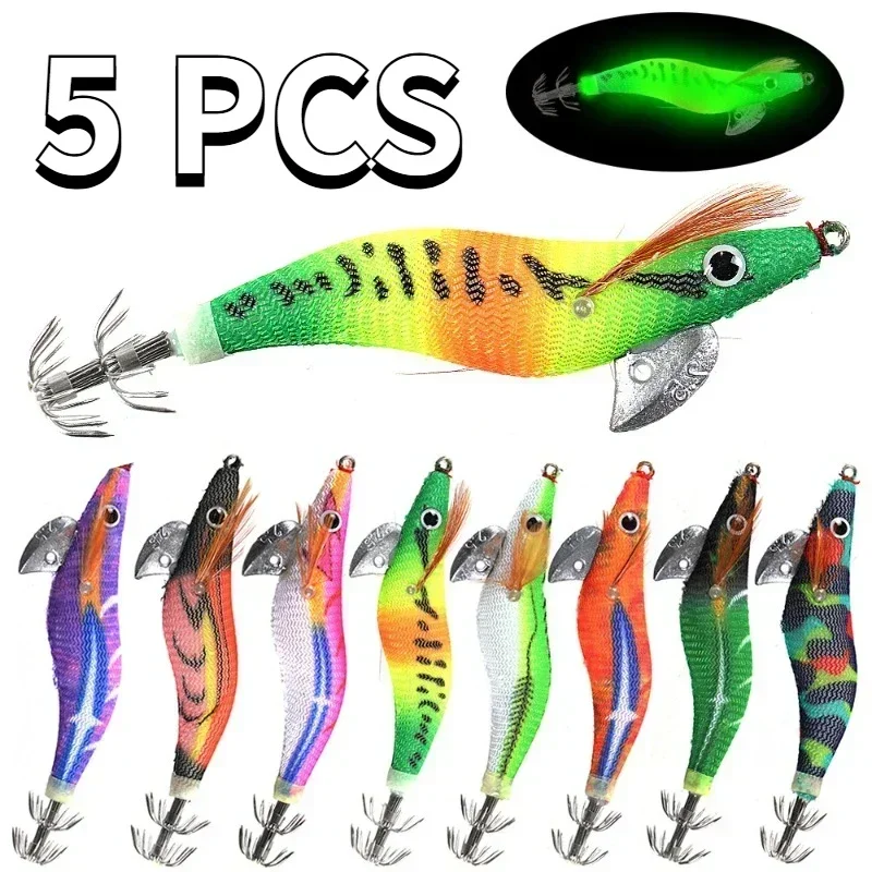 5PC 12g/14g/20g 2.5#/3.0#/3.5# Wooden Shrimp Fishing Lure Squid Jig Hook Luminous Bait Wobbler for Fishing Octopus Cuttlefish