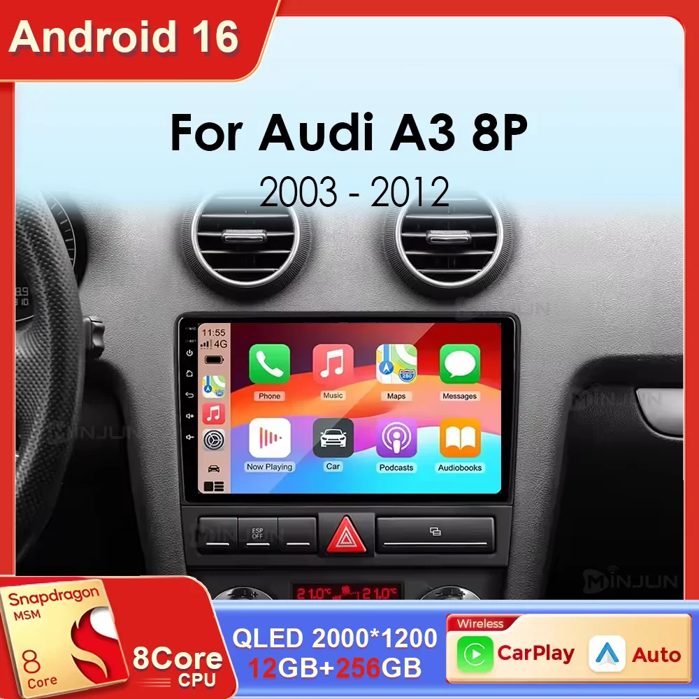 Rádio com CarPlay e Android Auto sem fio para Audi A3 8P 2003 - 2013, Reprodutor Multimídia Automotivo Android 16 com GPS e Tela QLED 2K