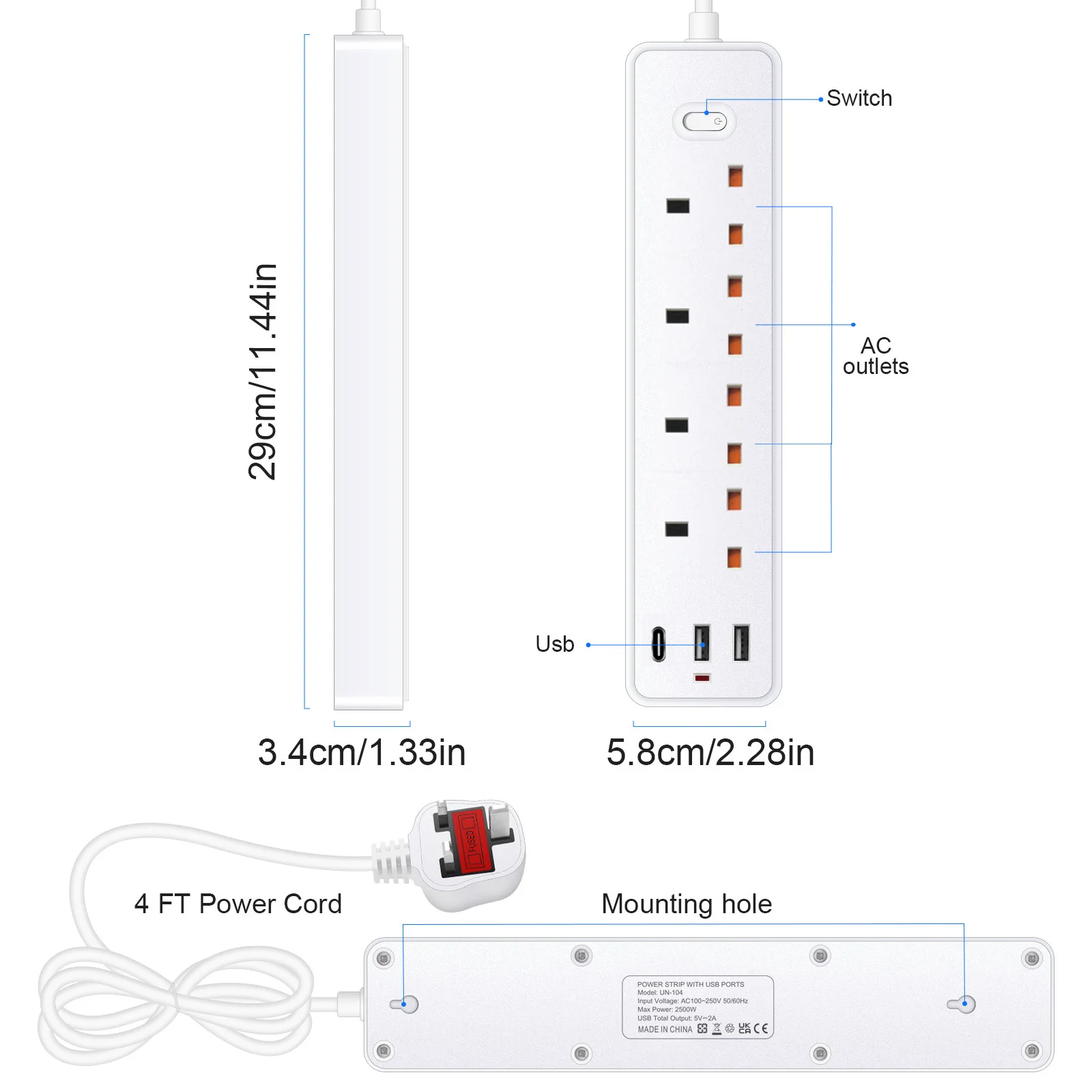 UK Plug Power Strip with 2 USB 1 Type-c Ports Extension Cord Socket Network Filter AC Outlet 2500W Electrical Charge Adapter