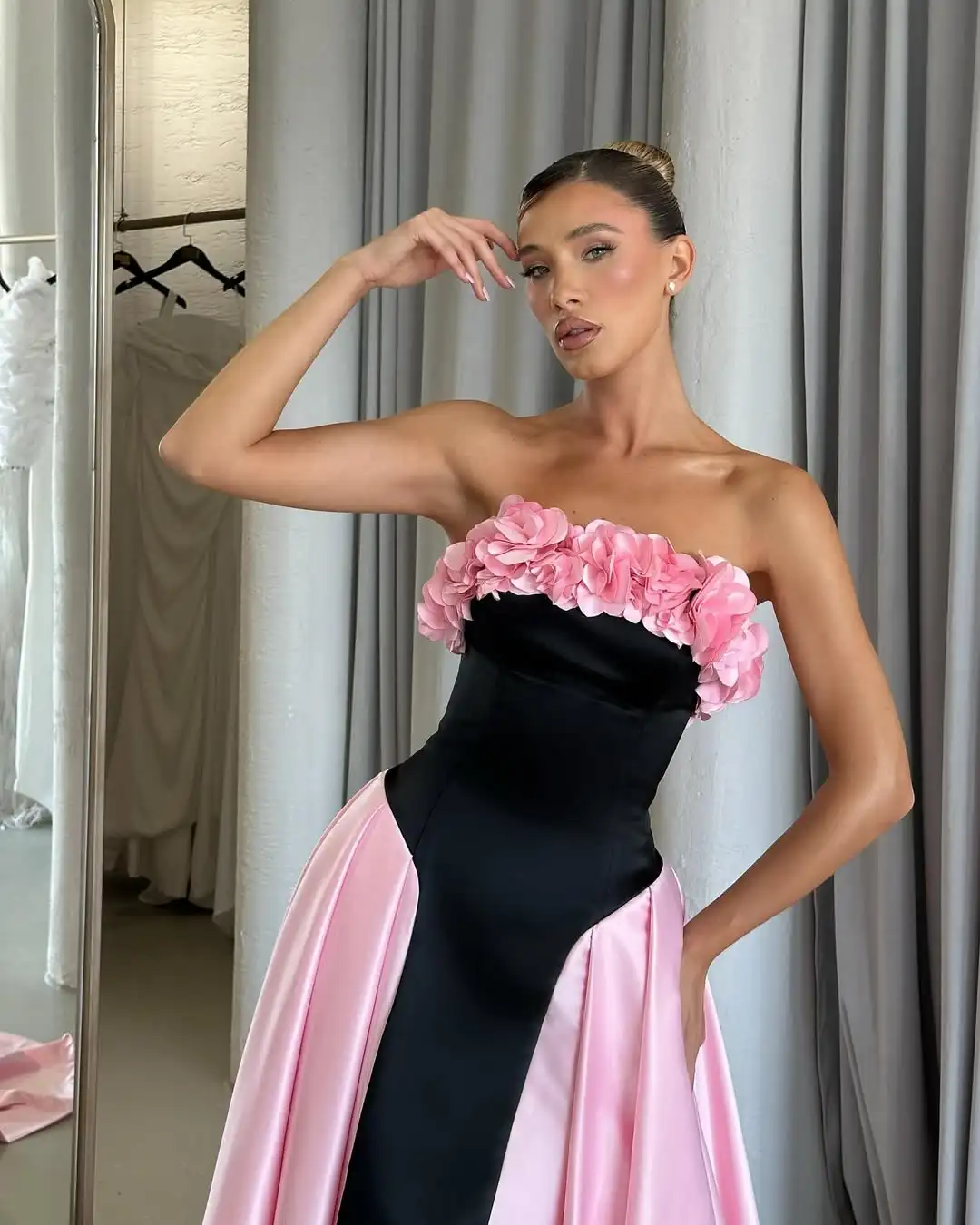 Haute Couture 2 kolory Maxi Prom Dresses Ruffled Floral Strapless Black and Pink Formal Party Dress فساتين سهرة 2025 Prom Gown