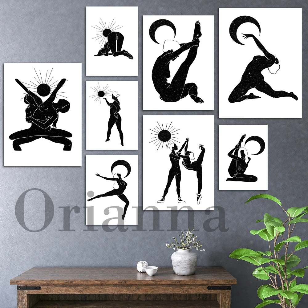 Sun Moon Celestial Dancer Ballet Leg Stretch Leap Yoga Mindfulness Feminist Nude Woman Wall Art Prints Posters Decor Painting