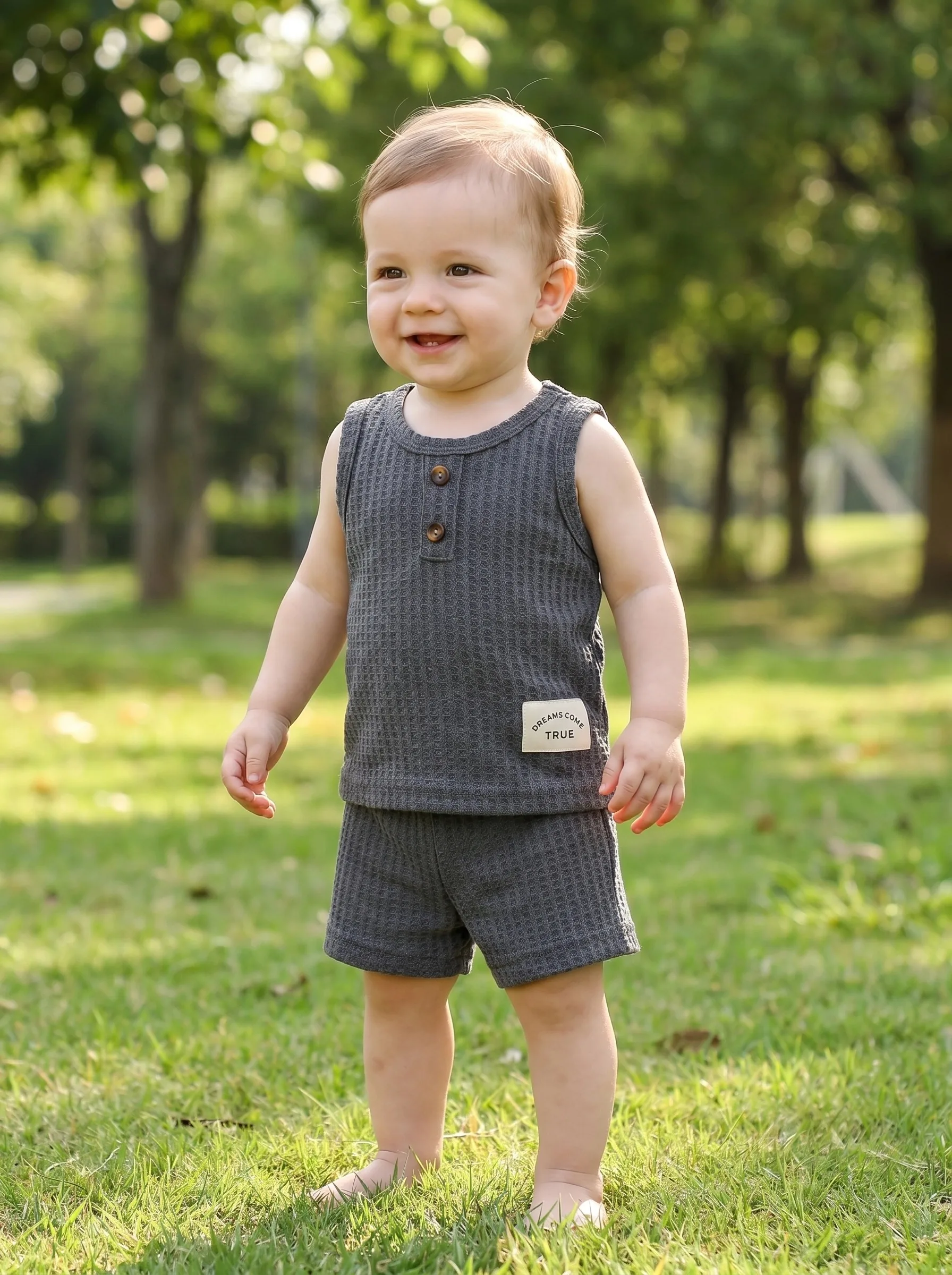 2-teiliges Sommer-Outfit-Set für Babys (Jungen) in Dunkelgrau, Waffelstrick, Henley-Tanktop + elastische Shorts, lässiger Ins-Stil, Alltags-/Freizeitkleidung – Detail 1