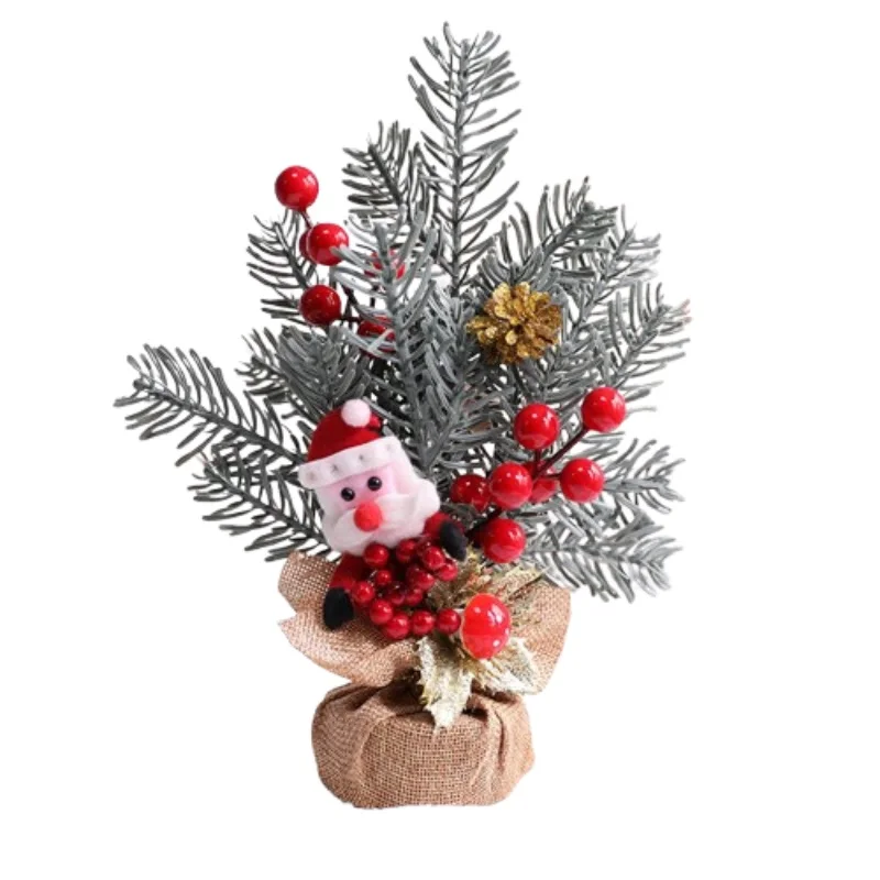 Mini-Weihnachtsbaum mit Sackleinen-Taschensockel, DIY handgefertigte rote Beeren, künstlicher Weihnachtsbaum, Tischdekoration