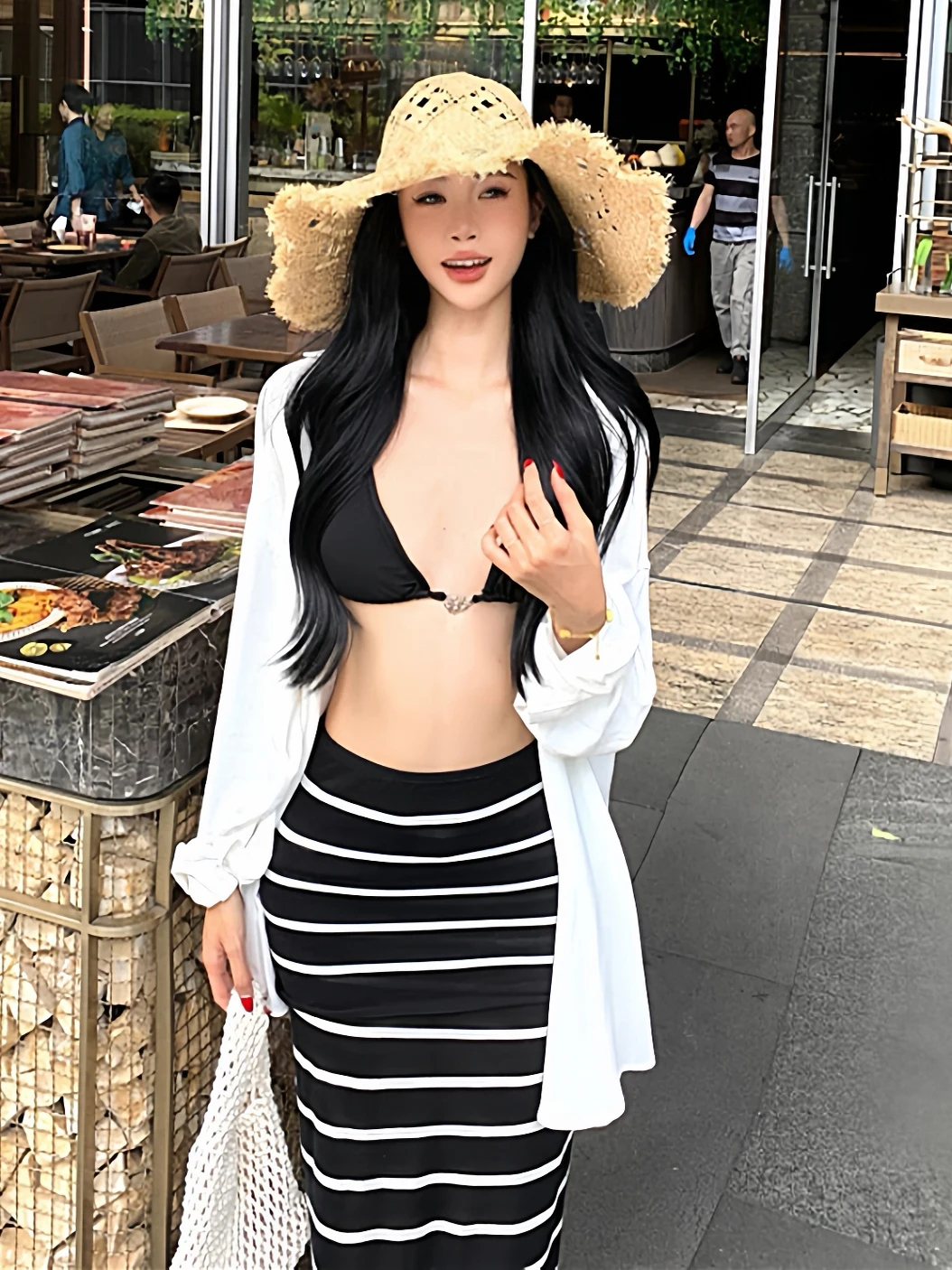 

Beach Vacation Style Sexy Pure Desire Striped Skirt Bikini White Shirt Four Piece Set Small Chest Spicy Girl Swimsuit Women
