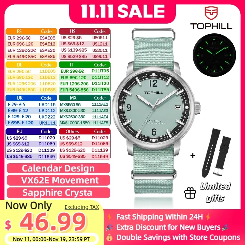 

TOPHILL Fashion Quartz Watch For Men Green quartz watch Luminous watches Casual Sport Watch Sapphire Vintage watch 2 straps