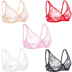 Womens Underwear Plus Size Lace Bras Underwire Perspective Mesh BH Tops Hollow Out Embroidery Sexy Lingerie Brassiere