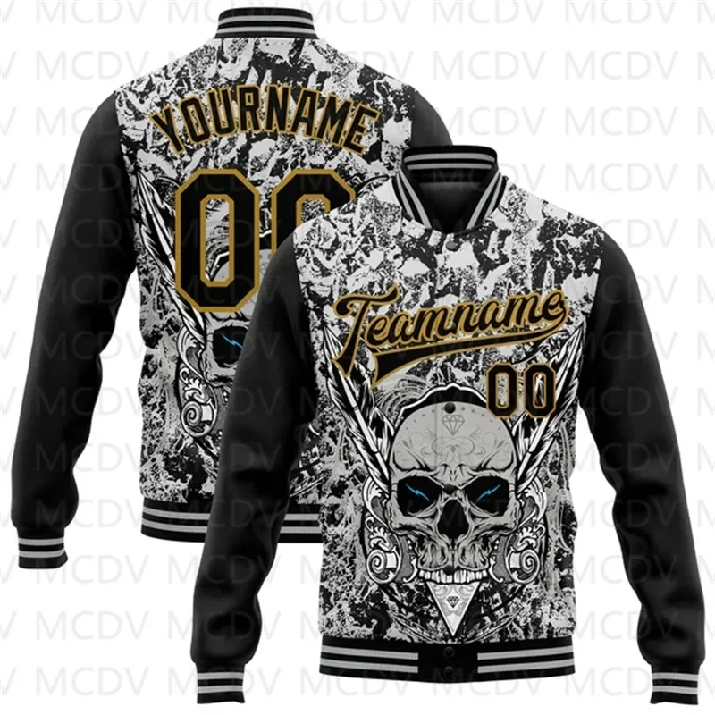 

Custom Gray Black-Old Gold Skull With Feather 3D Bomber Full-Snap Varsity Letterman Two Tone Jacket