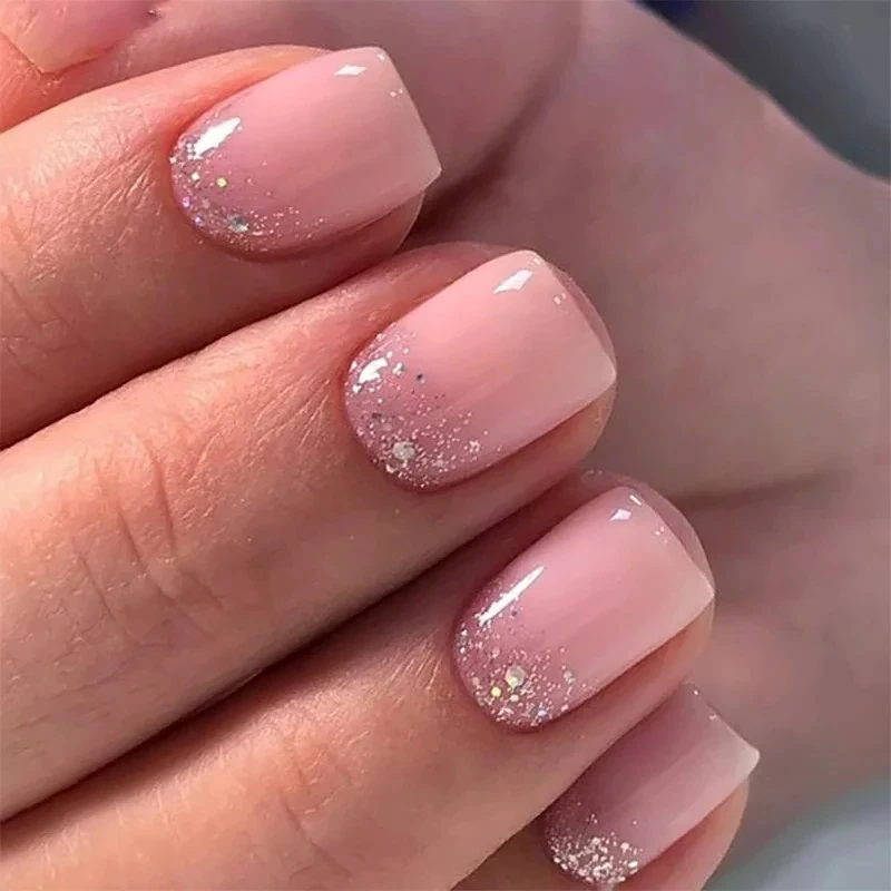 

24Pcs Simple Ballet Glitter Fake Nails with Pink Gradient French Square Press on False Nails Short Wearing Full Cover Nail Tips