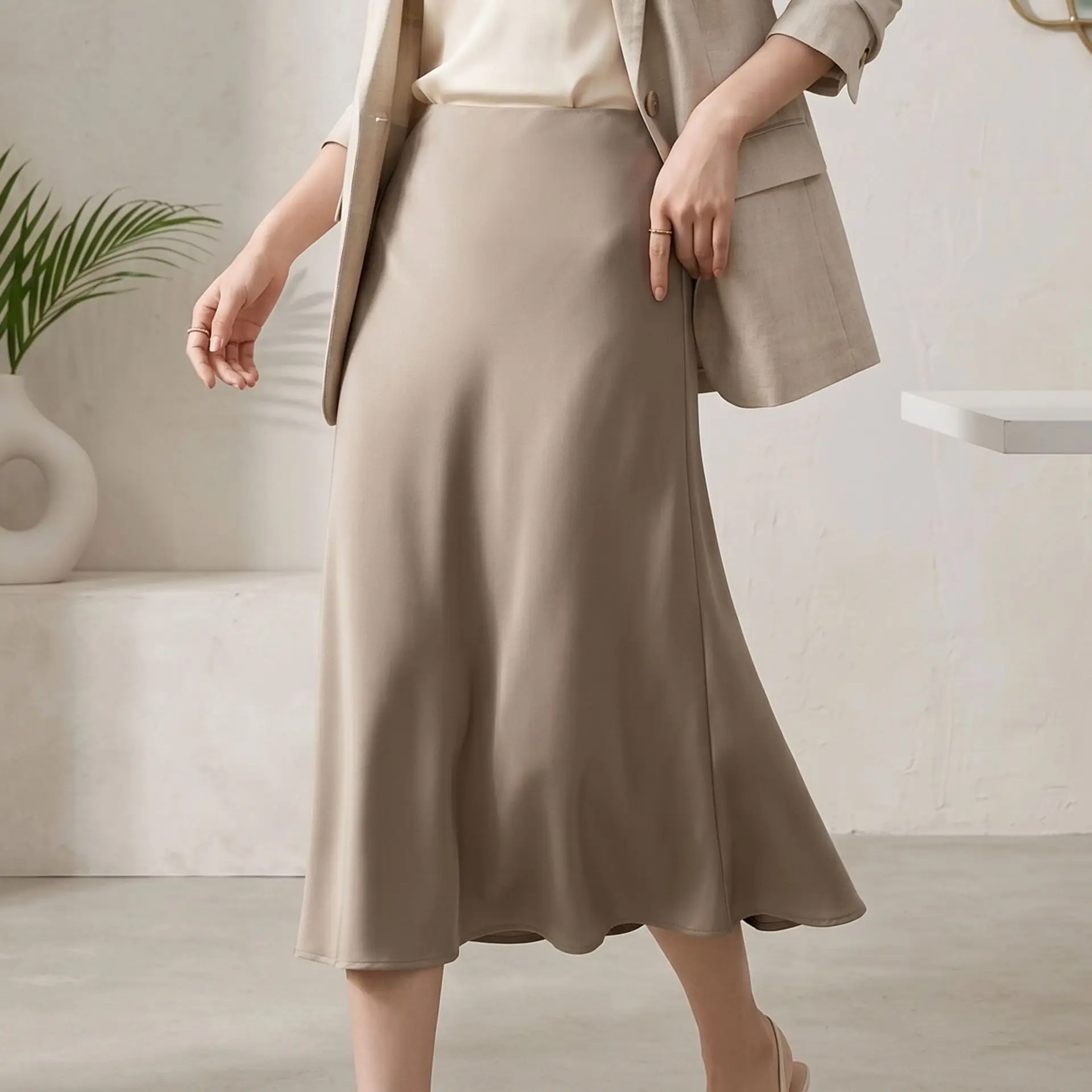 Glossy Silk Satin Midi Skirt Women High Waist A Line Flowy Swing Skirt Elegant Office Commute Summer Formal Mid Length Skirts