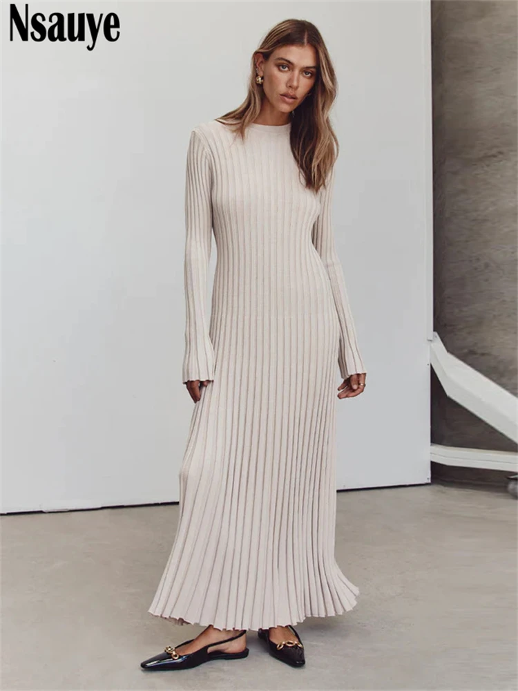 Nsauye Pullover Knitted Casual Fashion Long Sleeve Maxi Sweater Pleated Dress Winter 2024 Women Sexy Party Club Holiday Dresses