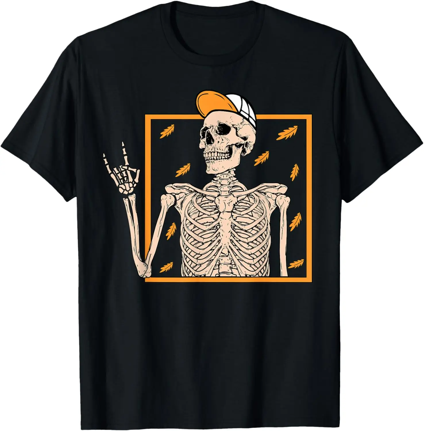 Vintage Halloween Rock On Hand Skeleton Men Boys T-Shirt 100% Cotton Trendy Y2K Short-Sleeve Tee – Soft, Quick-Drying, &