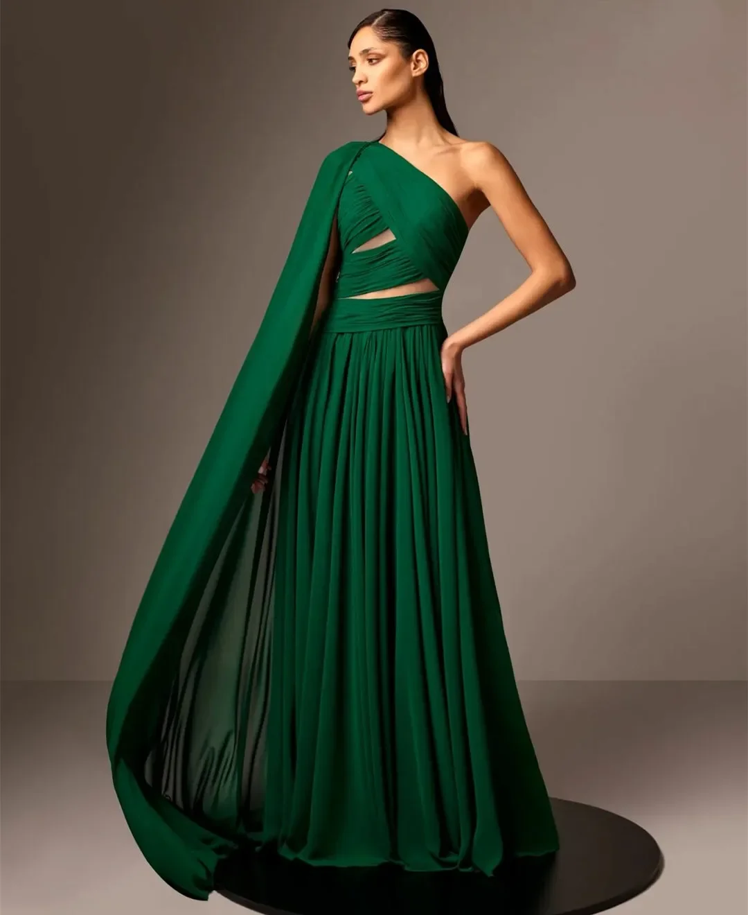 

Women Long Green One Shoulder Chiffon Evening Dresses with Cape A-Line Pleated Floor Length Party Prom Gown Customized