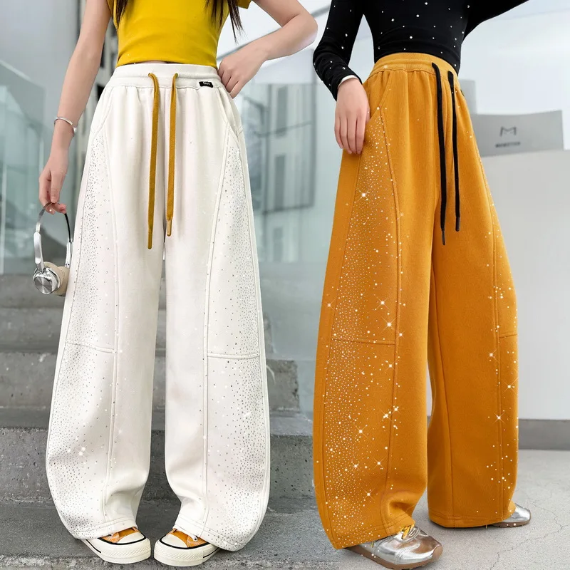 

Новые весенние спортивные брюки для девочек на шнурке со стразами, детские спортивные штаны, хлопковые трикотажные джоггеры для детей