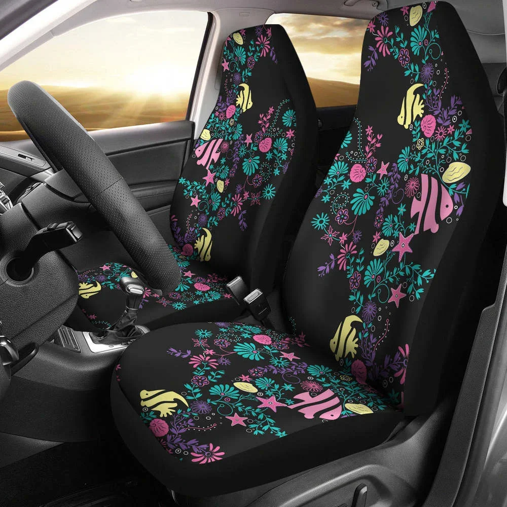 Pastel Ocean Chalky Style Water Themed Car Seat Covers Fish and Sea Sh,Pack of 2 Universal Front Seat Protective Cover