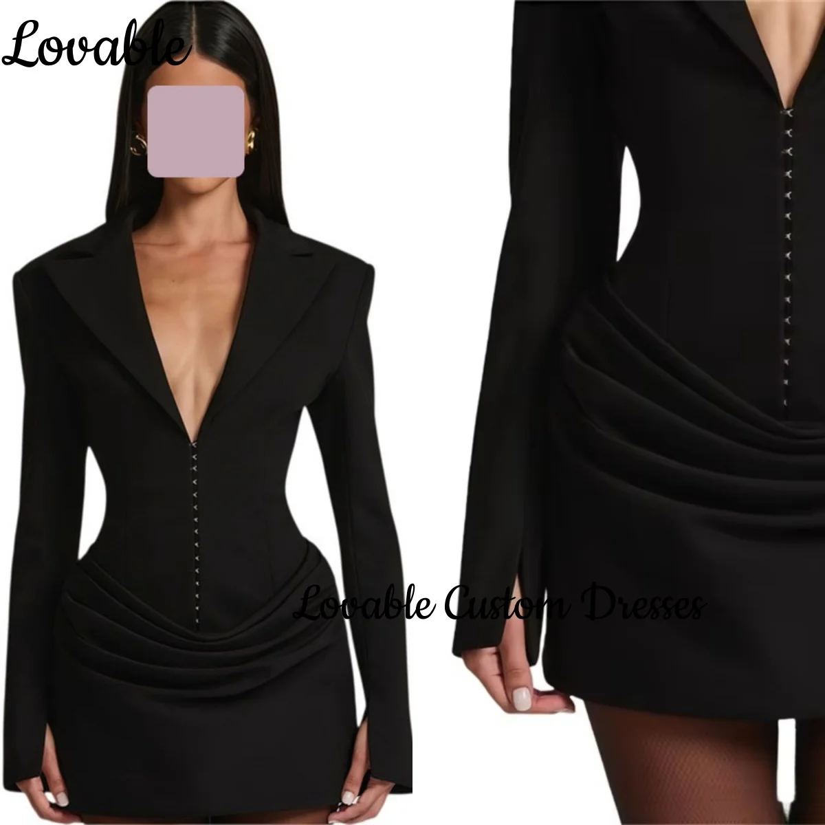 

Вечернее платье по индивидуальному заказу, черное свадебное платье с длинными рукавами и v-образным вырезом, мини-официальные платья на молнии с рюшами