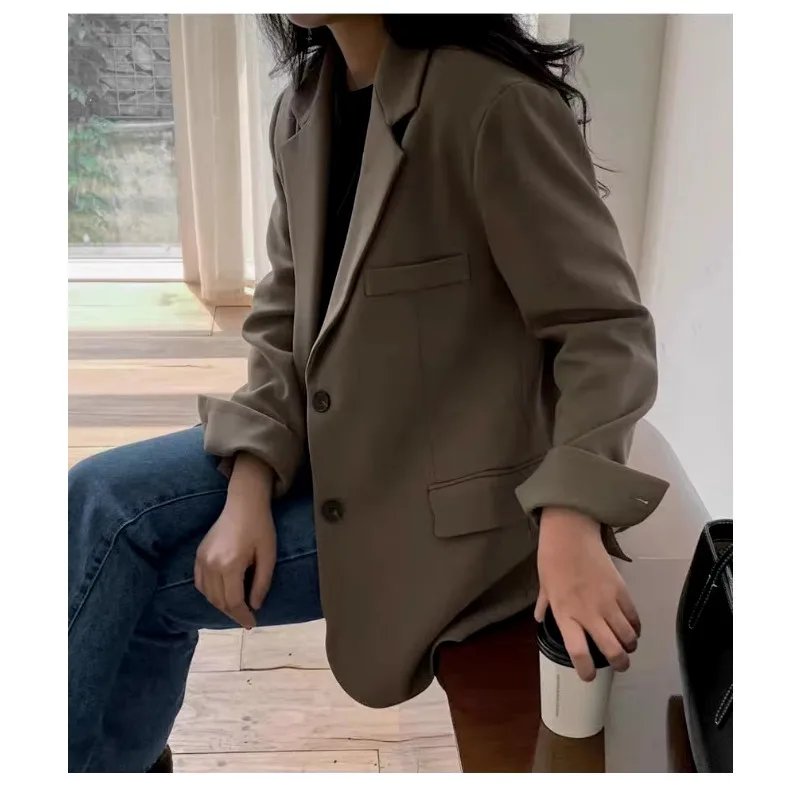 Insozkdg 2024 novo café de manga comprida jaqueta feminina primavera outono solto casual topo cor sólida blazer all-match casacos high-end