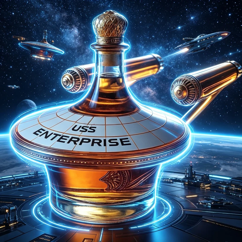 USS Enterprise Spaceship Shaped Whiskey Decanter, Vintage Glass Liquor Bottle with Golden Details for Bourbon Scotch,