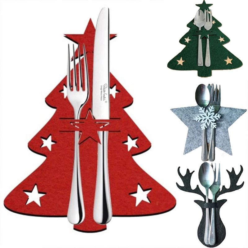 4pcs Christmas Knife Fork Holder Elk Snowflake Santa Claus Cutlery Knife Fork Cover Bag Tableware Xmas Organizer Table Decor