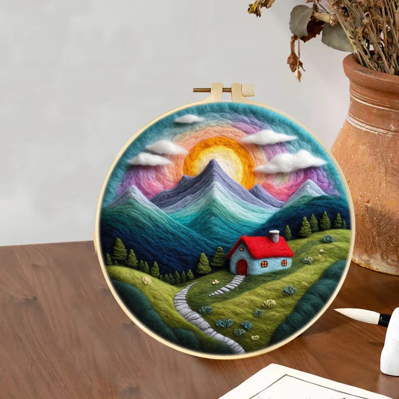 

RUOPOTY Sunrise Needle Felt Starter Kits Mountain Scenery Wool Felt Painting For Adults Kits With Picture Frame Felting Needles,