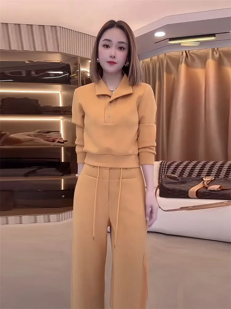 

Korean style casual sports set women autumn 2025 new design sense lapel collar pullover+straight leg pants two-piece set