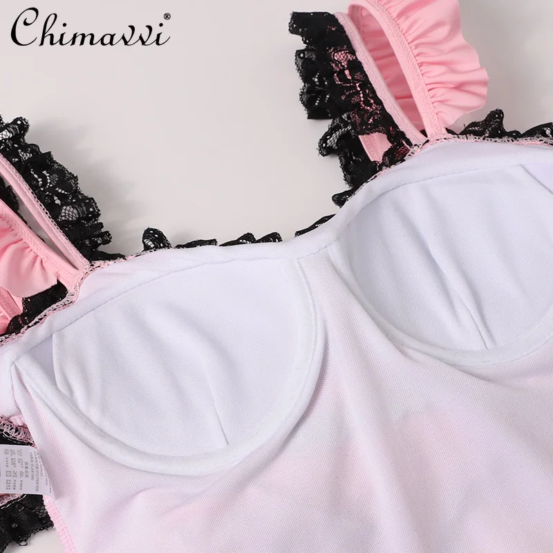 Traje de baño de una pieza rosa Sweet Lolita, bonito traje de baño Kawaii con cuello de novia Y2k, novedad de verano, traje de baño para mujer 2025