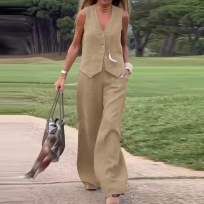 

Women's Casual Suit Spring Summer Color Casual Loose Fashion Pant Sets Spliced ​​sleeveless V-neck Wide-leg Trousers 2-piece Set