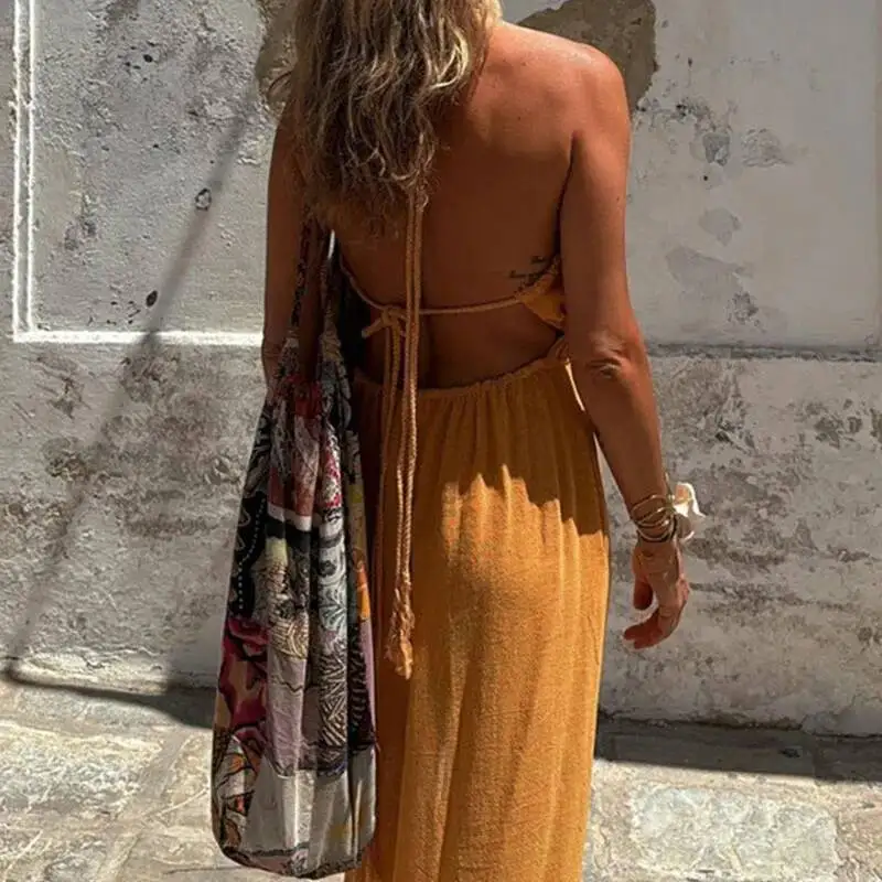 Sexy V Neck Tie Up Halter Women Spring Solid Hollow Split Boho Long Summer Sleeveless Backless Chic Maxi Dress